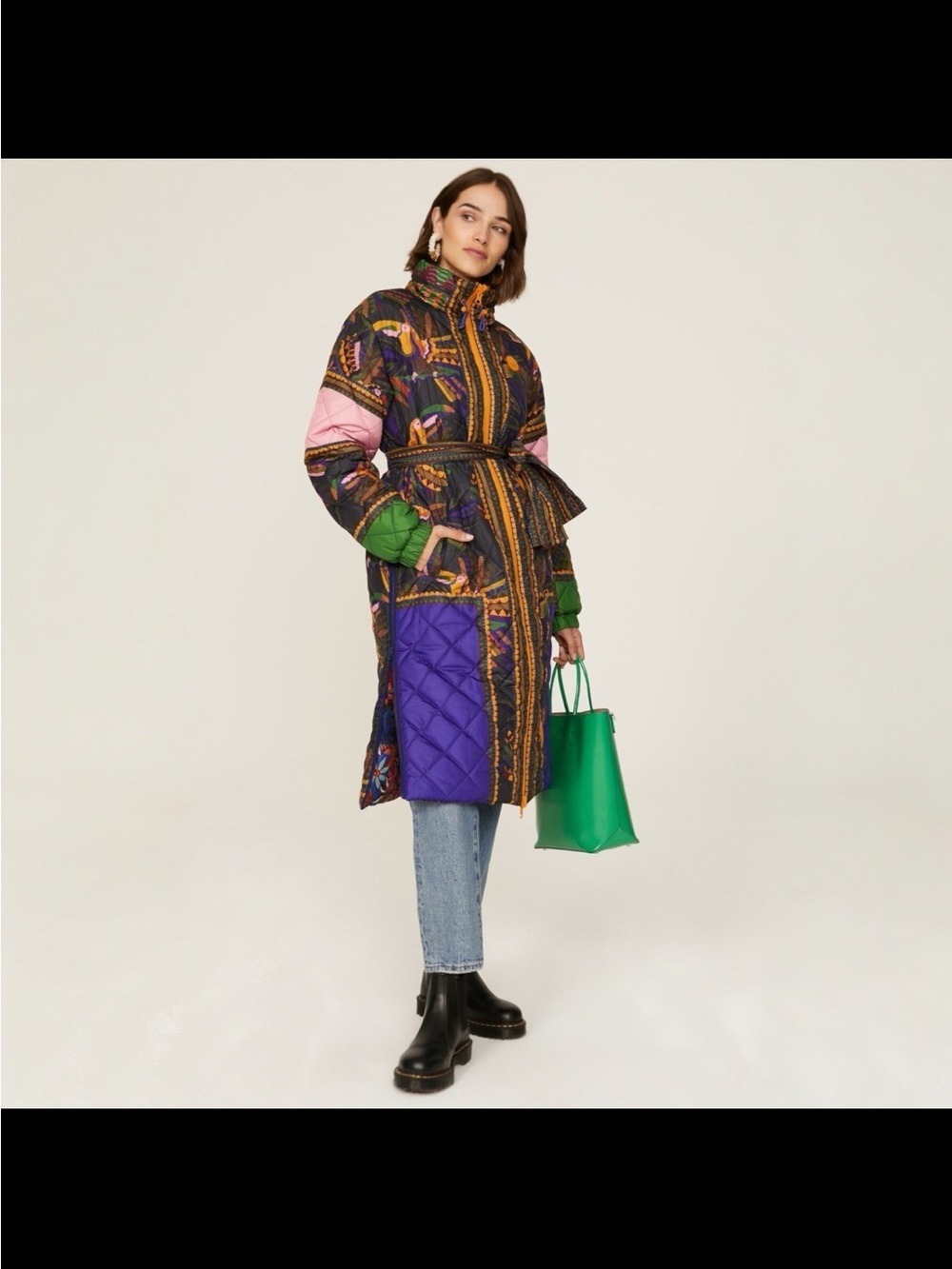 Farm Rio Puffer Multicolor Quilted Long Puffer Coat with Belt - Picture 3 of 15